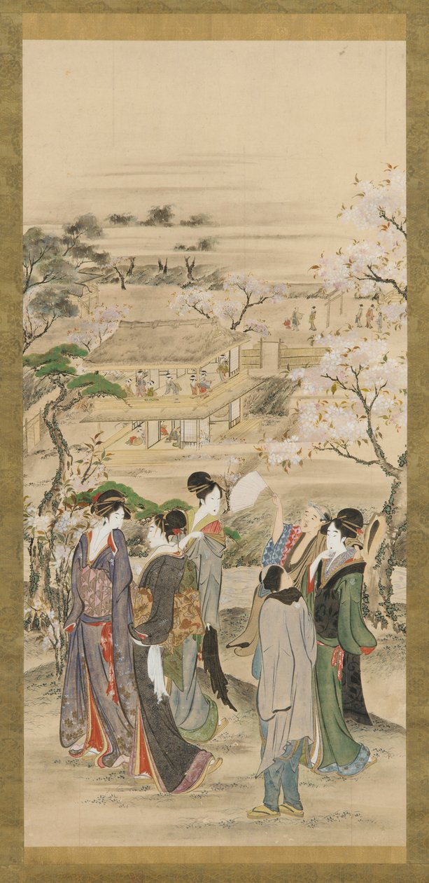 Paisagem: festas de homens e mulheres olhando as cerejeiras em flor, final do século XVIII e início do século XIX. de Katsushika Hokusai