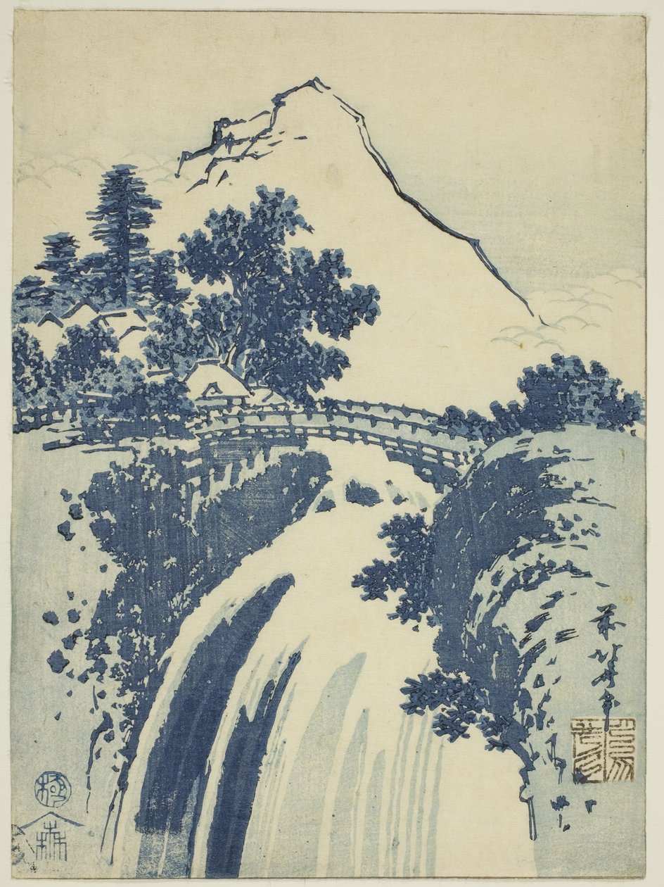 Paisagem com cachoeira, de uma série sem título de estampas chuban de Katsushika Hokusai