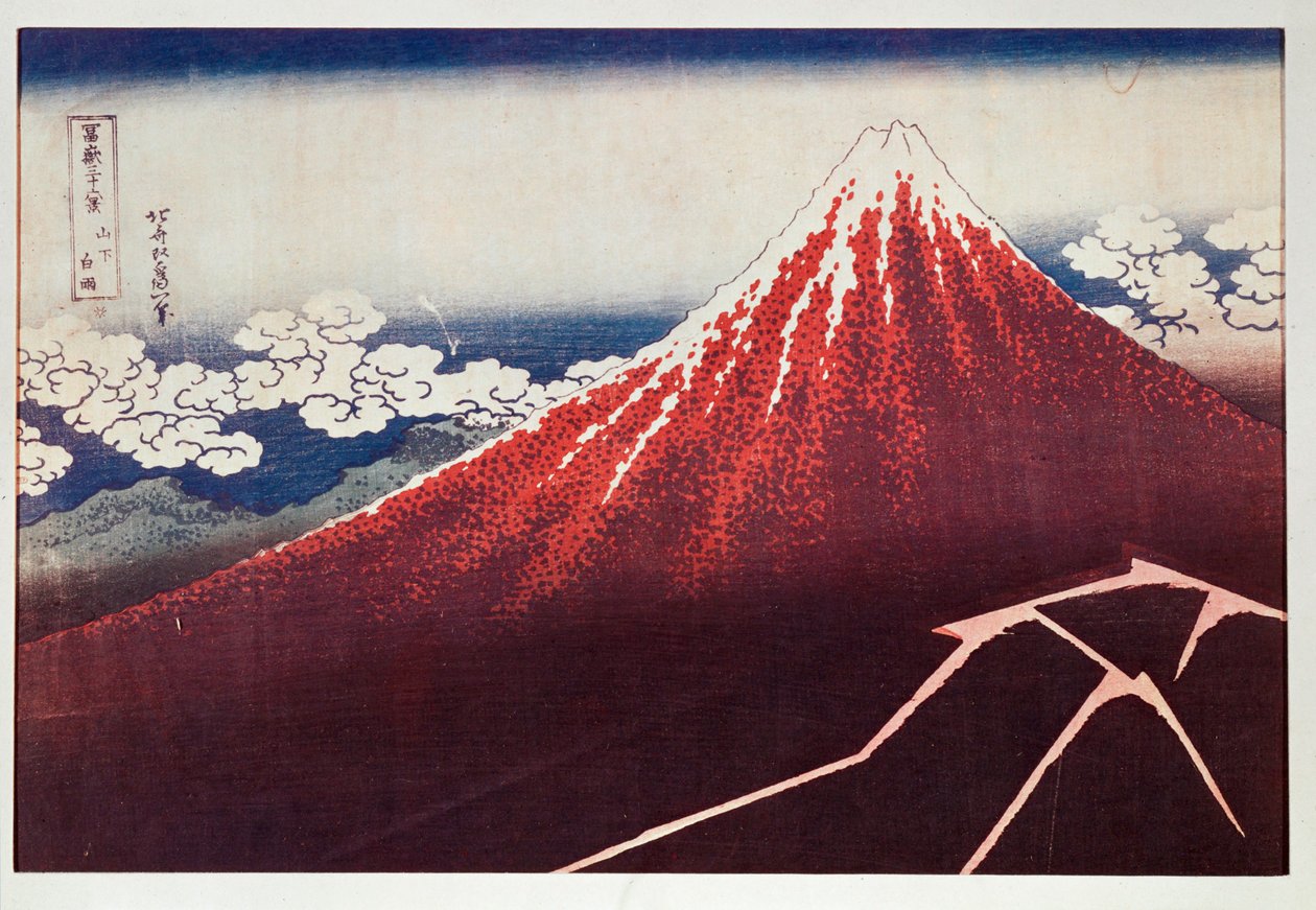 Relâmpago no Monte Fujiyama ... (xilogravura a cores) de Katsushika Hokusai