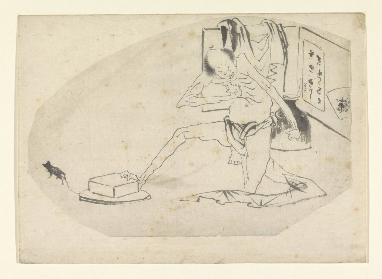Homem de tanga, uma caixa e um rato de Katsushika Hokusai