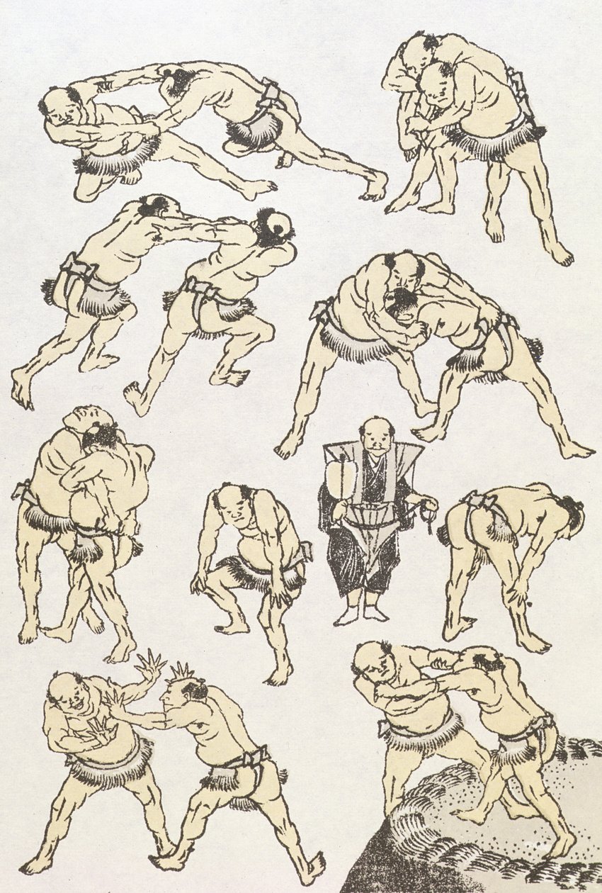 Manga: estudos de gestos e posturas de lutadores, pub. 1849, (impressão do woodblock da cor) de Katsushika Hokusai