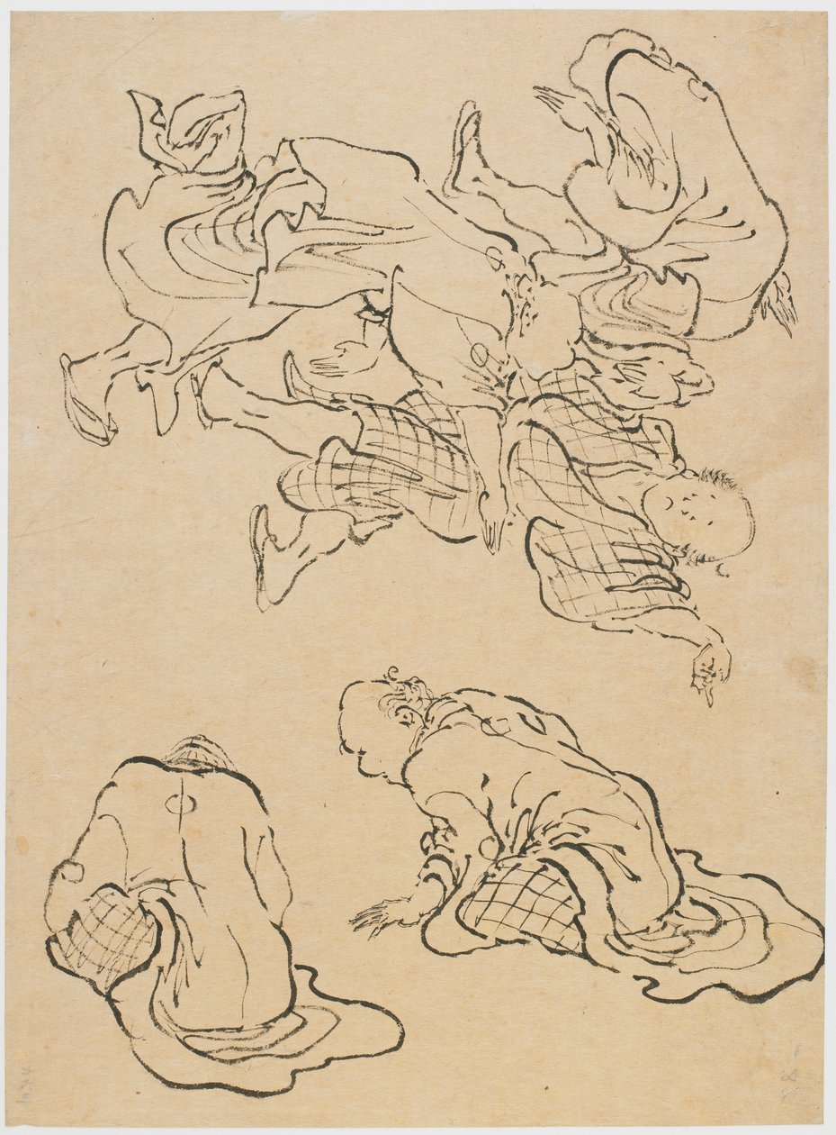 Homens dançando e figuras diversas, final do século 18 e início do século 19. de Katsushika Hokusai