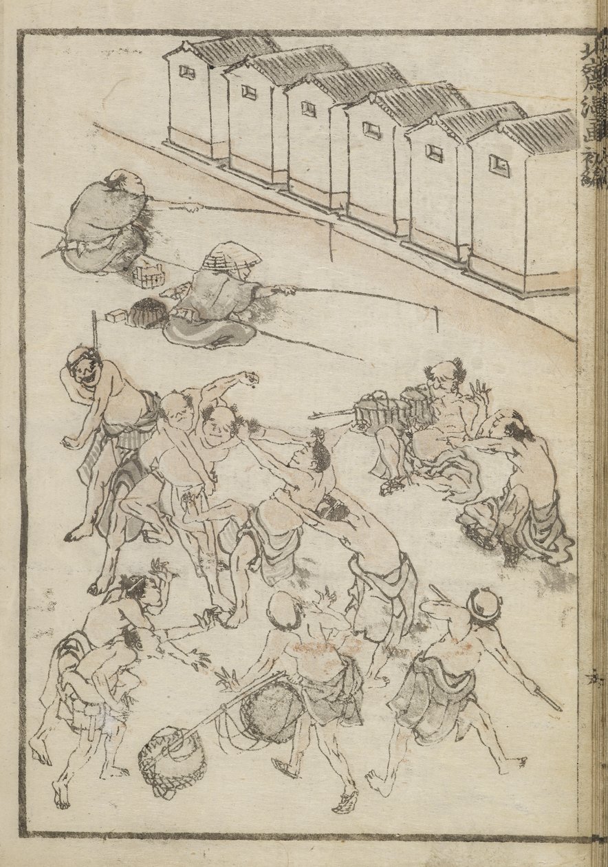 Homens a lutar e a pescar (impressão em bloco de madeira) de Katsushika Hokusai