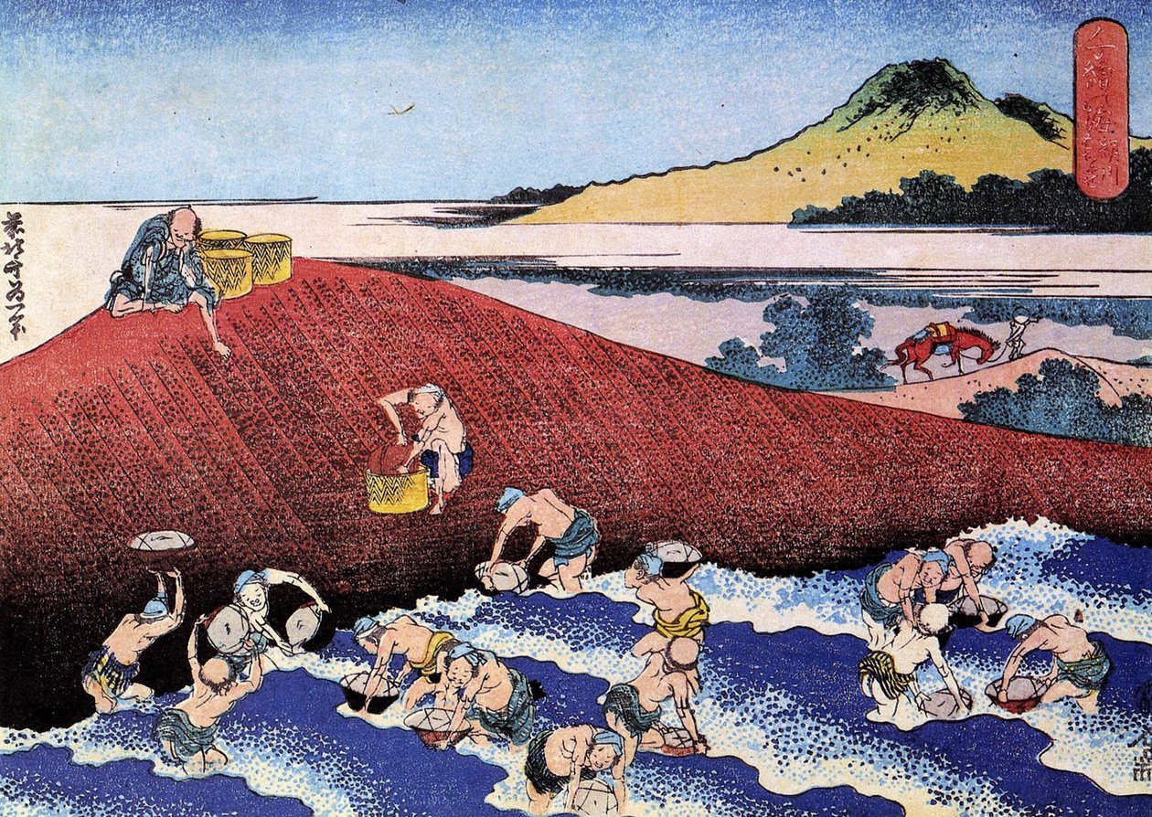 Mil vistas do oceano, Japão: pescadores na costa. (Imprimir de Katsushika Hokusai