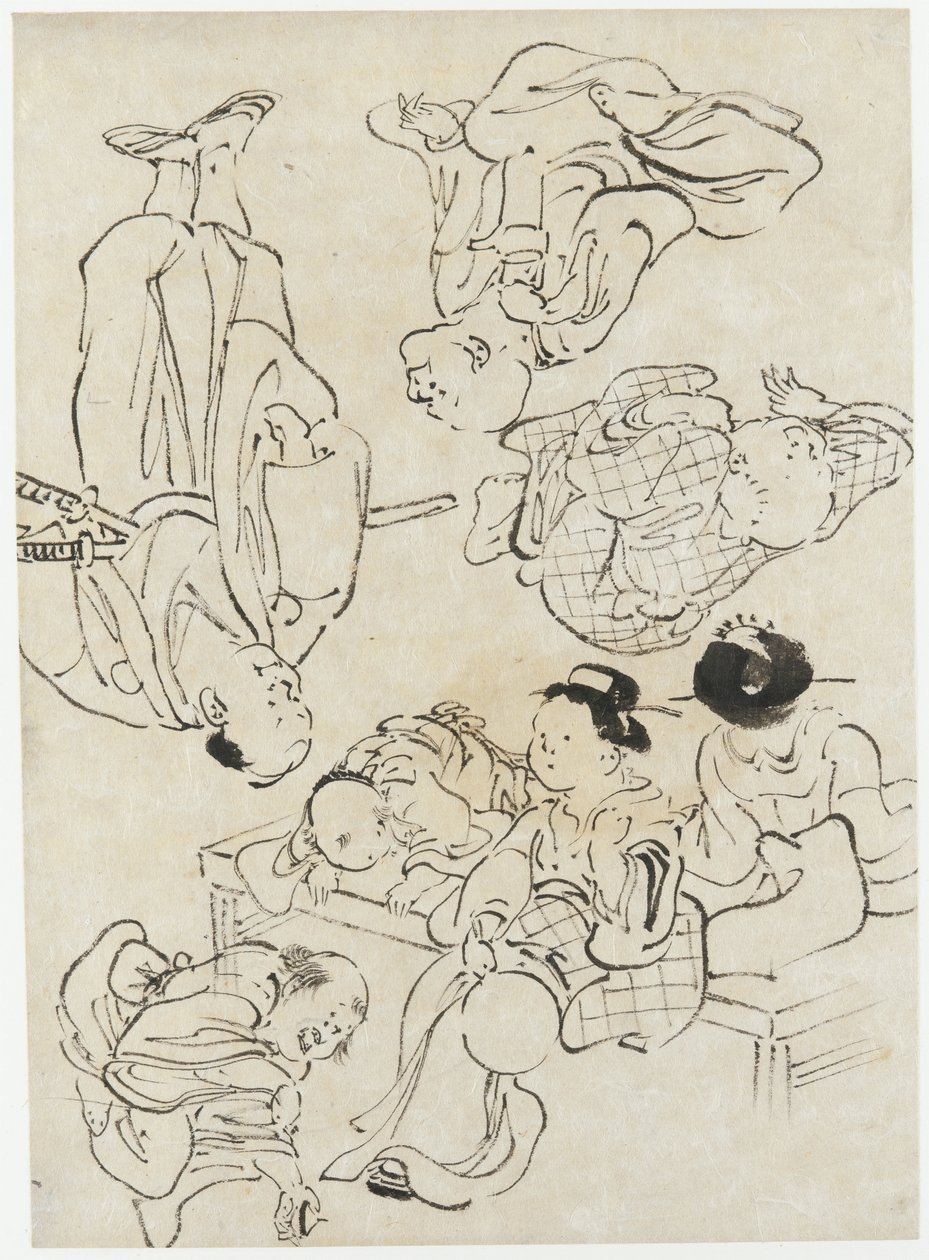 Figuras diversas: prazeres de verão, figuras sentadas na varanda e (abaixo) Samurai, período Edo (tinta sobre papel) de Katsushika Hokusai