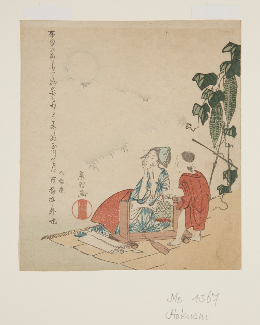 Mother and Child by Gourd Trellis in Moonlight (impressão em bloco de madeira a cores) de Katsushika Hokusai
