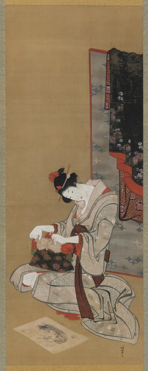 Costume de Ano Novo: Maquiagem na Manhã de Ano Novo, período Edo, c.1806-11 (tinta e cor na seda) de Katsushika Hokusai