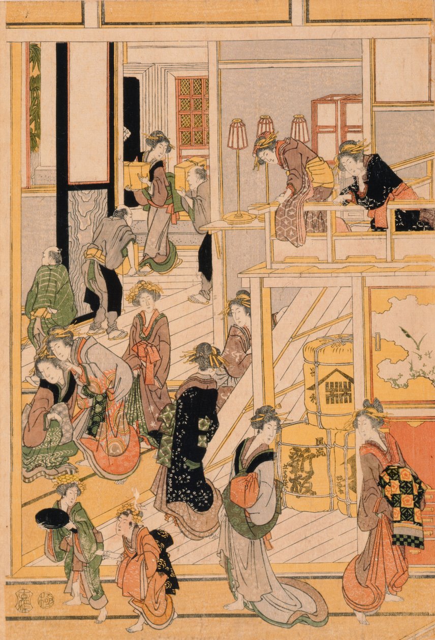 Dia de Ano Novo na casa de chá Ogi-ya. c.1810 (impressão em xilogravura a cores) (para conjunto ver 277796-277798) de Katsushika Hokusai