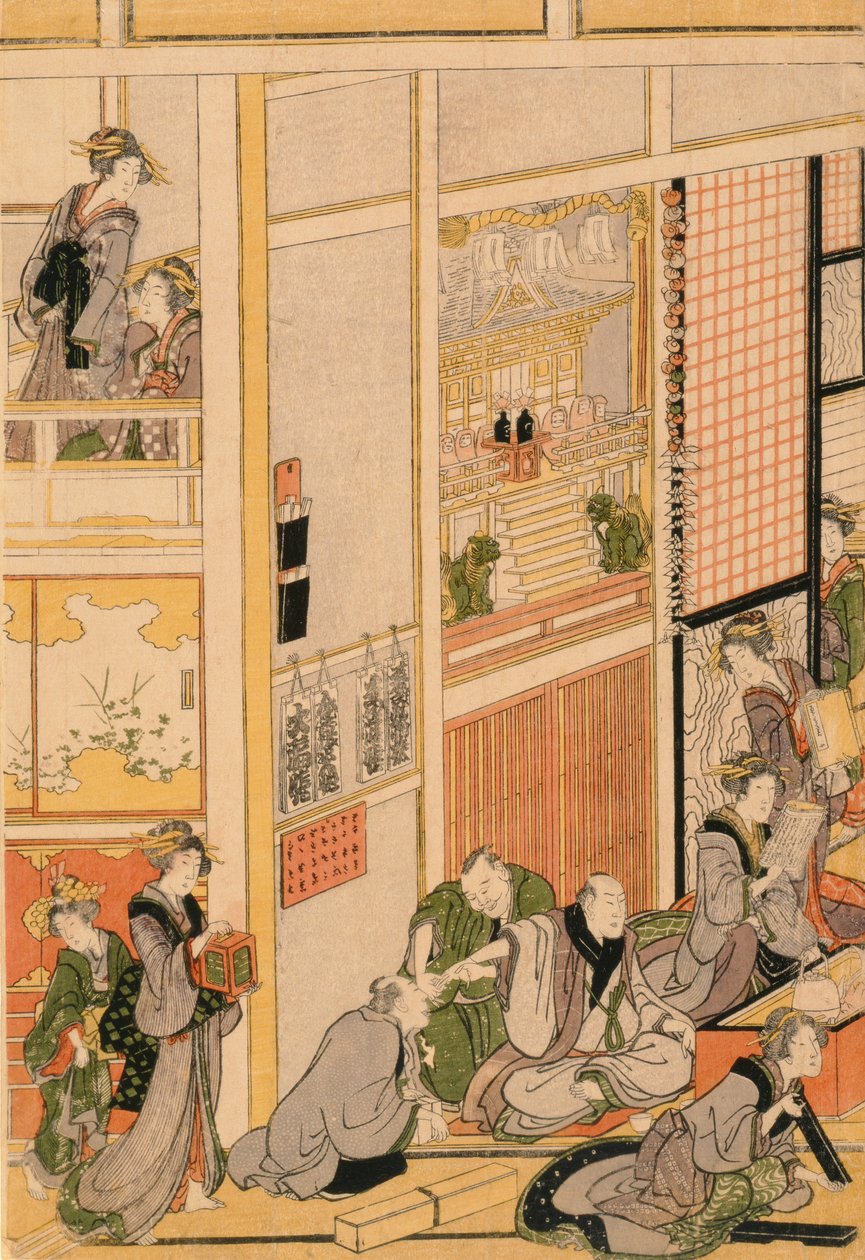 Dia de Ano Novo na casa de chá Ogi-ya. c.1810 (impressão em xilogravura a cores) (para conjunto ver 277765 e 277797-277798) de Katsushika Hokusai