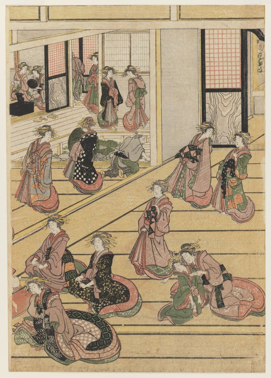 Dias de Ano Novo no Teahouse Ogi-ya. c.1810 (impressão a cores do bloco de madeira) (para o conjunto ver 277795-277797) de Katsushika Hokusai