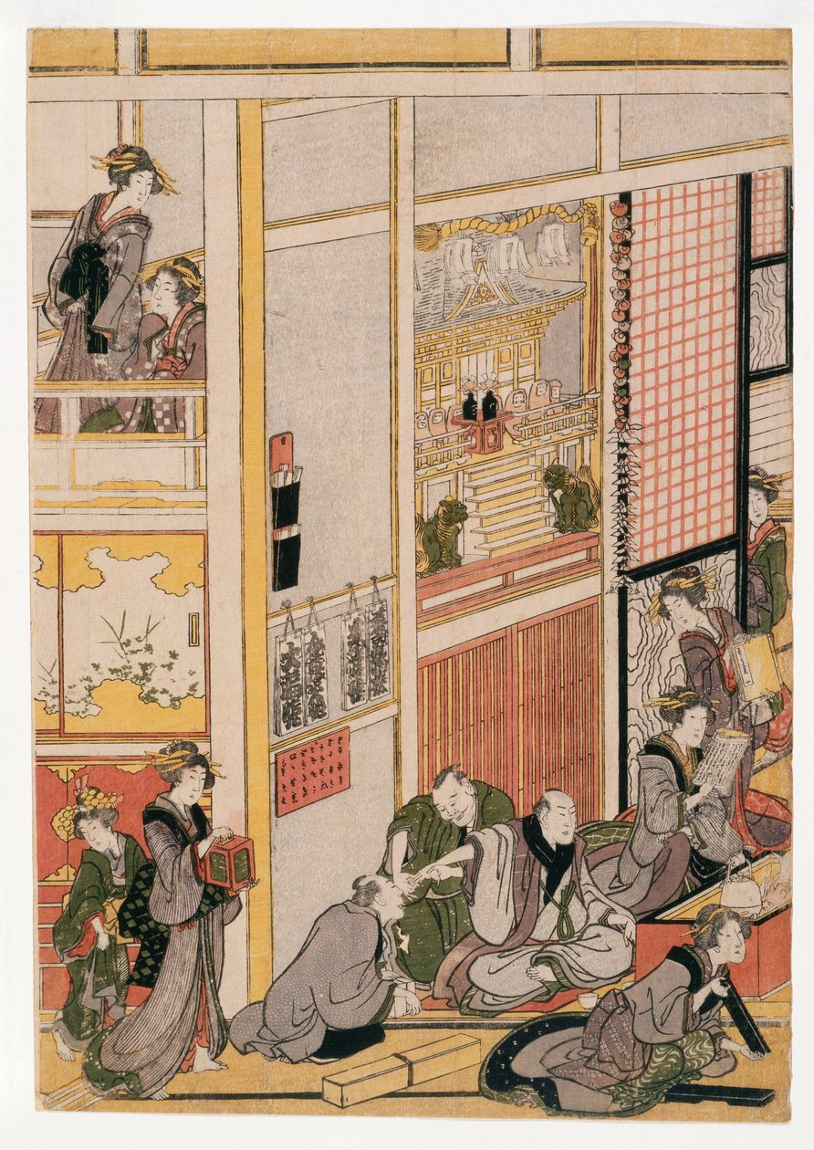 Dias de Ano Novo da Casa de Chá Ogi-ya, c.1810 (xilogravura) (ver também 406533, 406535 e 406536) de Katsushika Hokusai