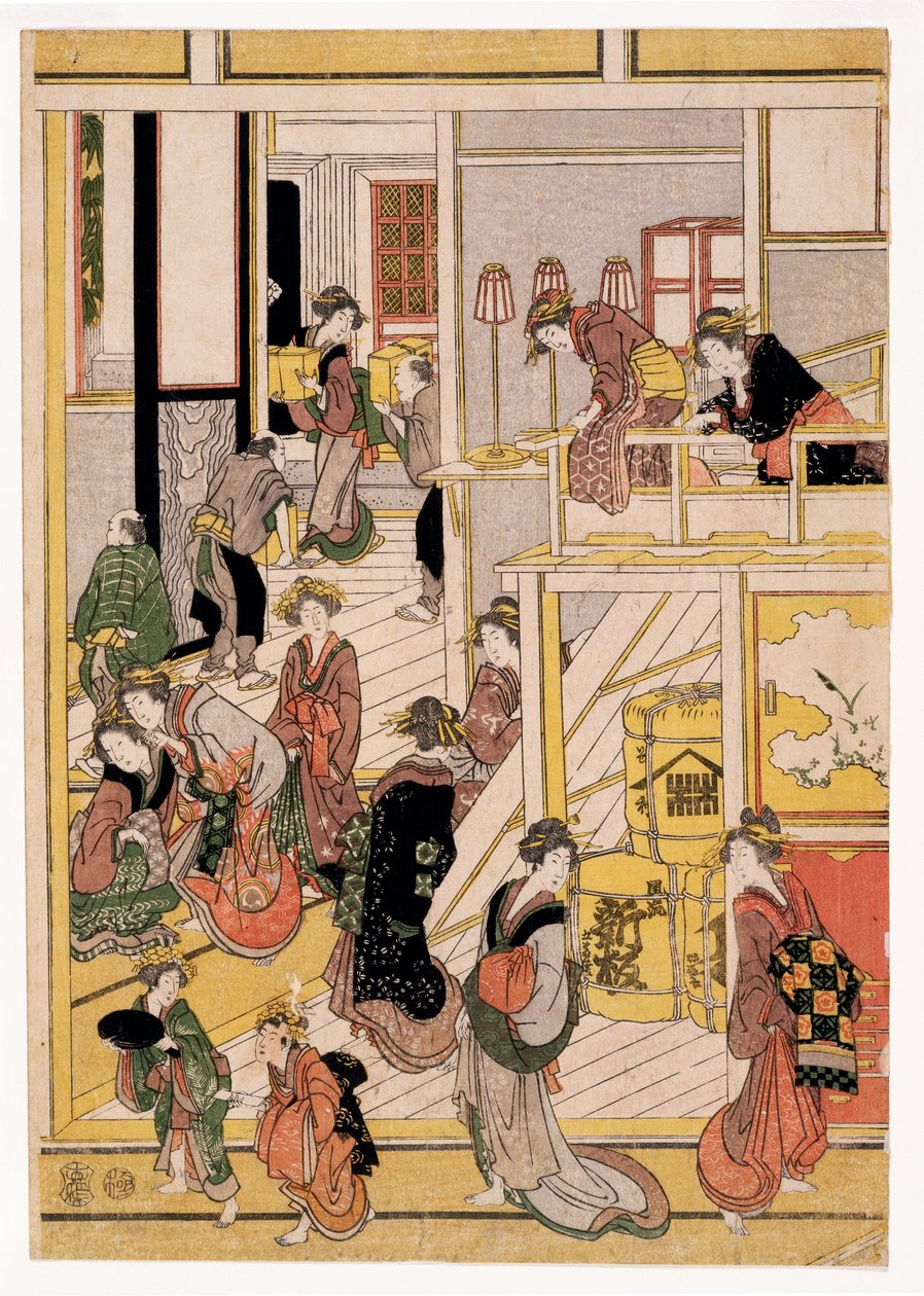 Dias de Ano Novo da Casa de Chá Ogi-ya, c.1810 (xilogravura) (ver também 406534, 406535 e 406536) de Katsushika Hokusai
