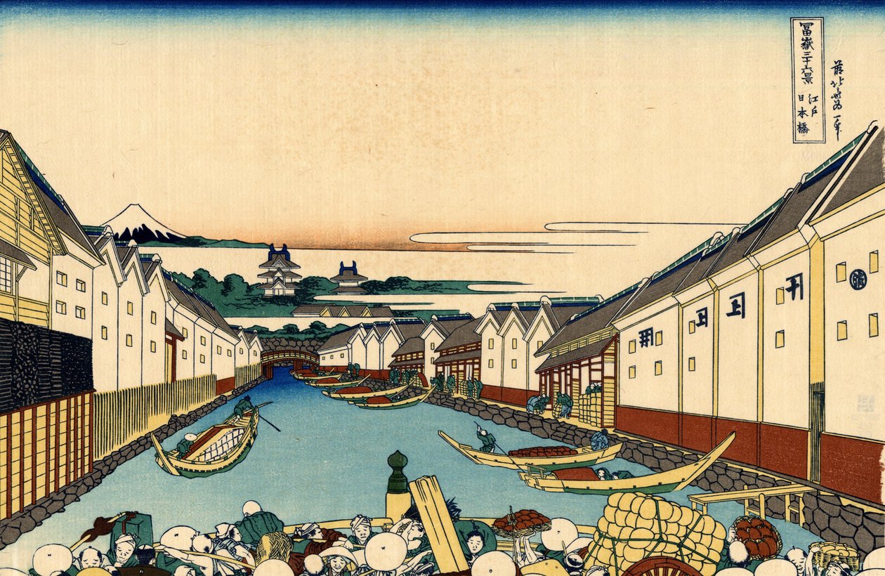 Ponte Nihonbashi em Edo, c.1830 (impressão em bloco de madeira) de Katsushika Hokusai