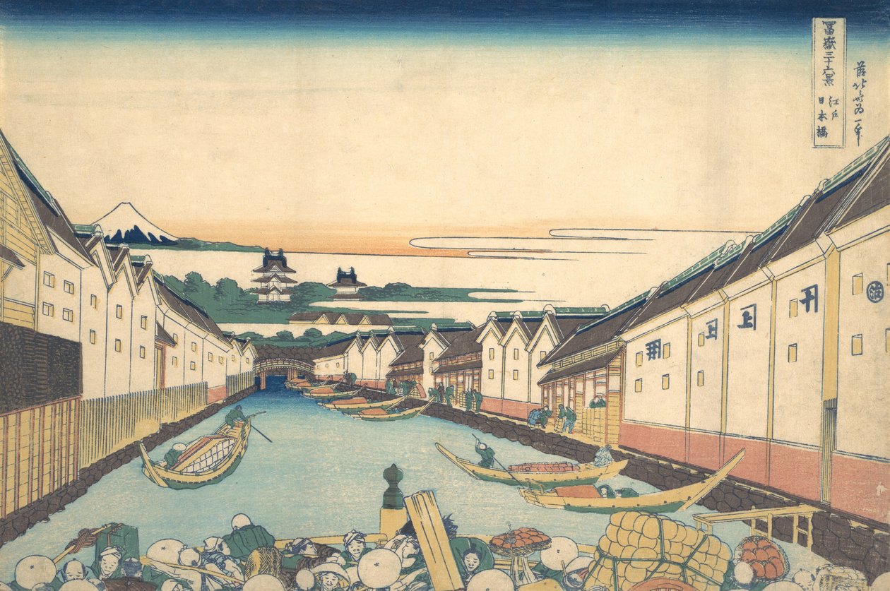 Nihonbashi em Edo Edo Nihonbashi, da série Trinta e Seis Vistas do Monte Fuji ..., ca. 1830-32. de Katsushika Hokusai
