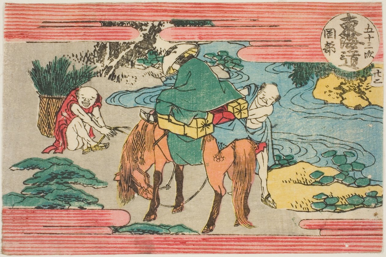 Nº 22: Okabe, da série "Cinquenta e três estações da estrada de Tokaido (Tokaido gojusan tsugi)" de Katsushika Hokusai