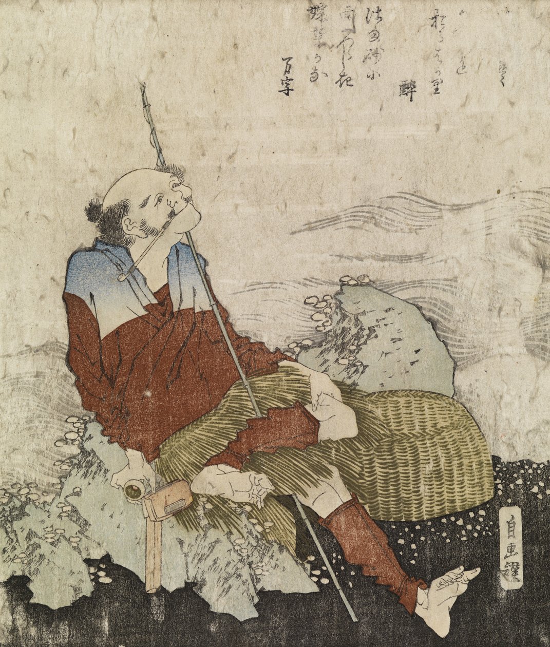 Velho Pescador a Fumar o seu Cachimbo, c.1835 (xilogravura a cores) de Katsushika Hokusai