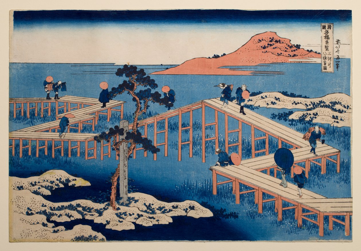 Vista antiga da ponte de oito partes em Yatsuhashi, na província de Mikawa, da série «Vistas notáveis de pontes em várias províncias» de Katsushika Hokusai