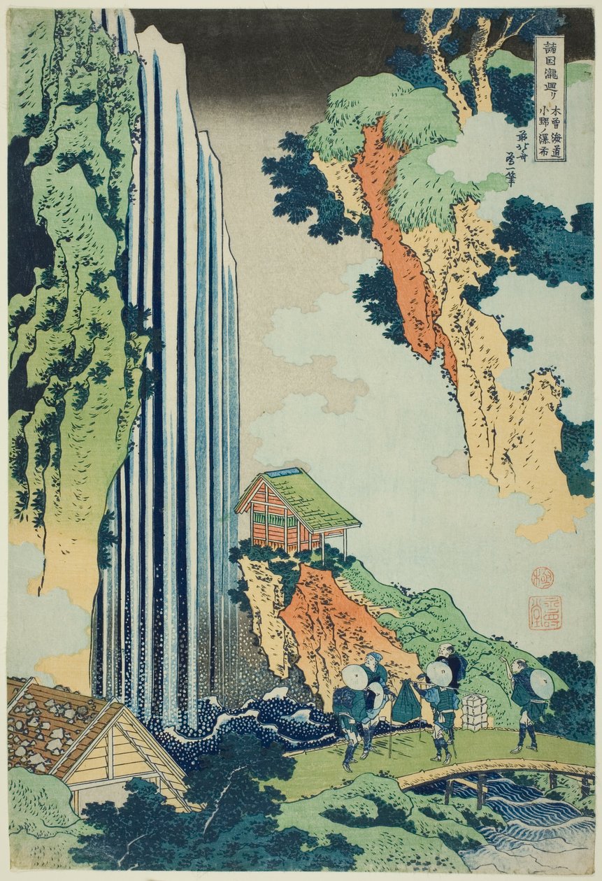Ono Falls on the Kisokaidō Road (Kisokaidō Ono no bakufu), da série Tour of the Waterfalls in Various Provinces (Shokoku taki meguri) de Katsushika Hokusai