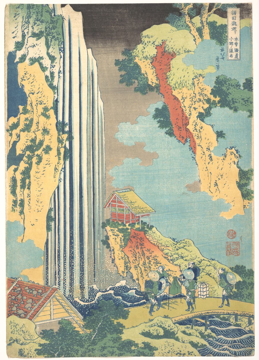 Cascata de Ono na Kisokaidō (Kisokaidō Ono no bakufu), da série «Um percurso pelas cascatas de várias províncias» (Shokoku taki meguri) de Katsushika Hokusai