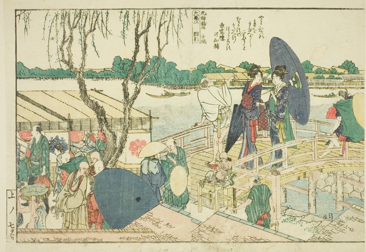 Páginas do livro ilustrado "Vistas panorâmicas ao longo das margens do rio Sumida (Ehon Sumidagawa ryogan ichiran)" de Katsushika Hokusai