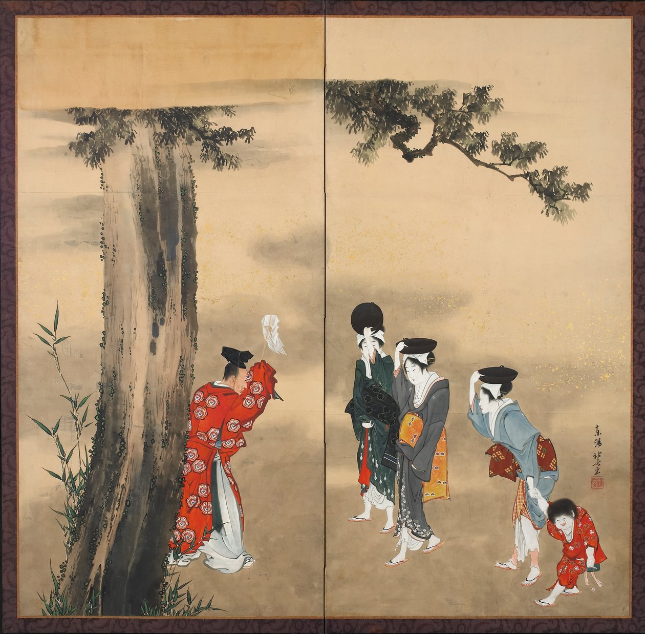 Tela dupla de papel: um sacerdote xintoísta, três mulheres e uma criança sob um pinheiro, período Edo, c.1799-1801 (tinta, ouro e cores sobre papel) de Katsushika Hokusai