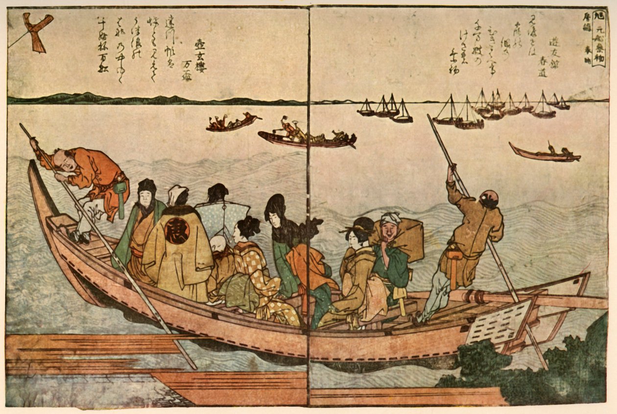 Passageiros em um barco que atravessa o rio Sumida no Japão, c1804, 1924. de Katsushika Hokusai