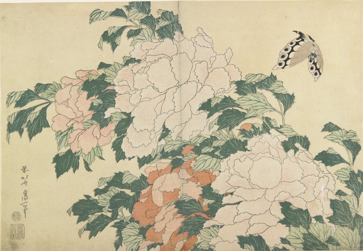Peônias e Borboletas, c. 1830-1831 de Katsushika Hokusai