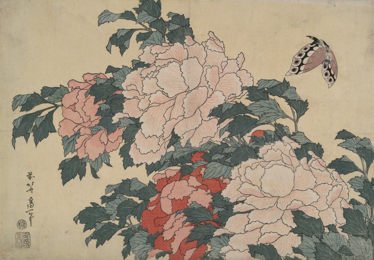 Peônias e Borboleta, de uma série sem título chamada Large Flowers de Katsushika Hokusai