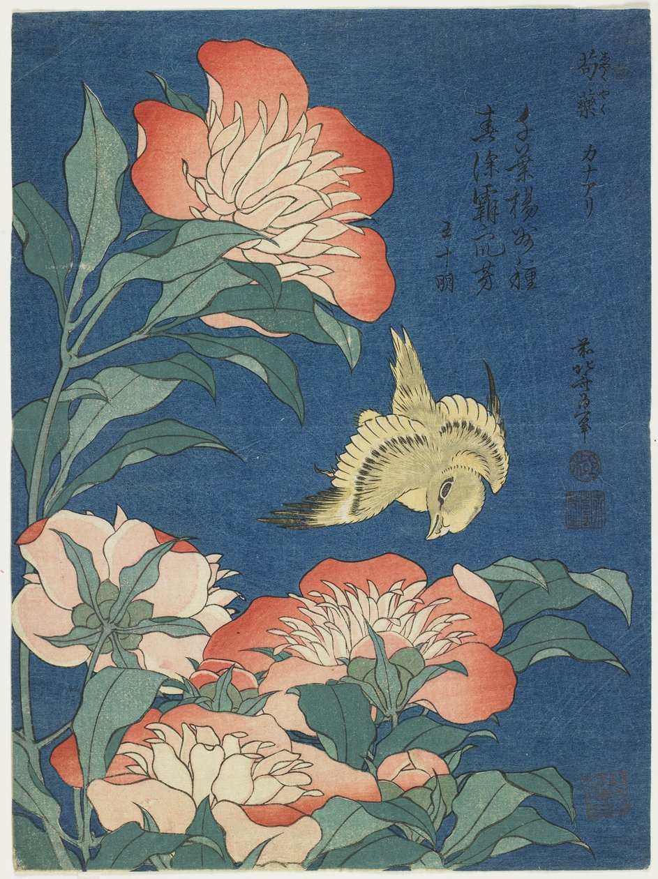 Peônias e Canárias, c. 1833 de Katsushika Hokusai