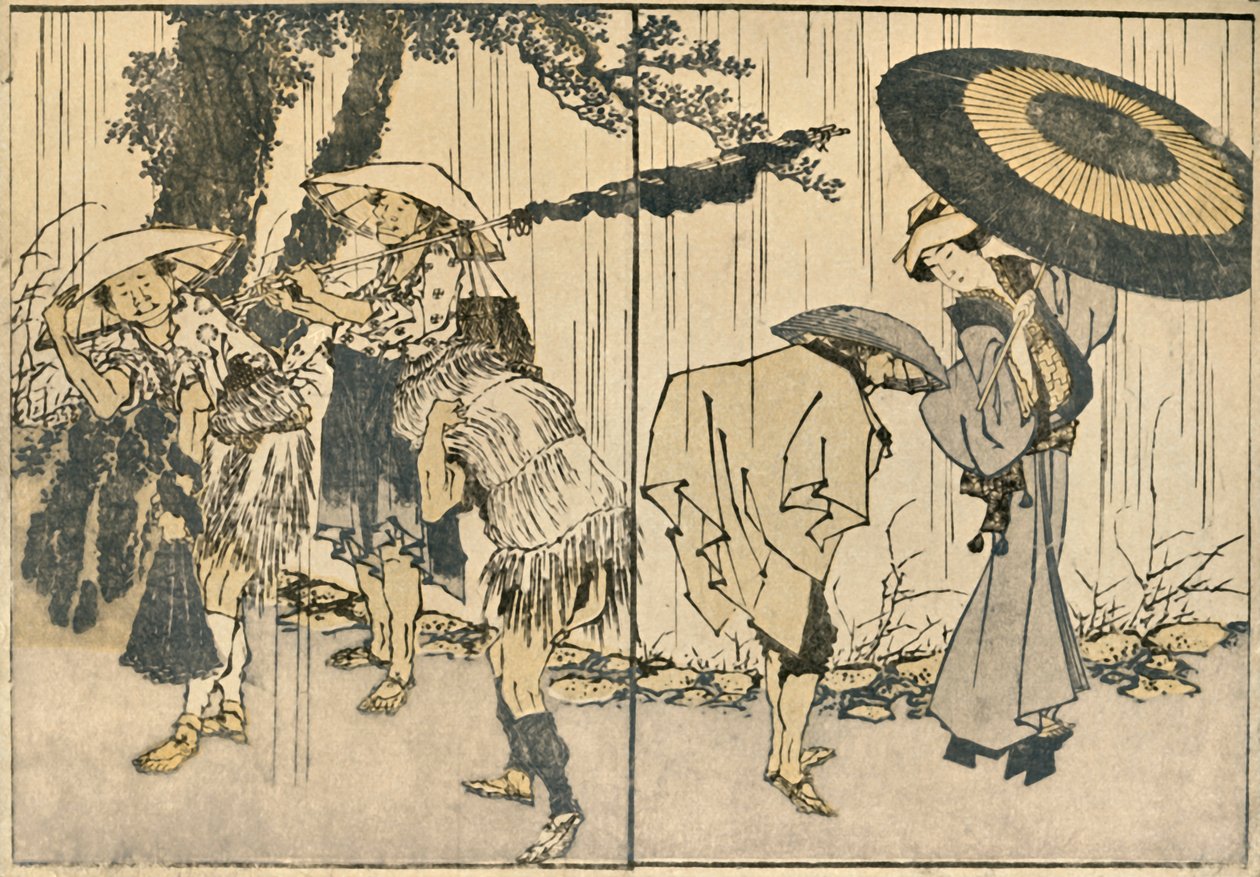 Pessoas na chuva, 1819, 1924. de Katsushika Hokusai