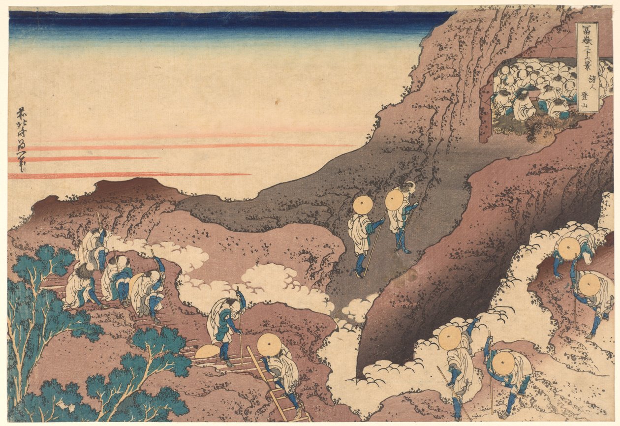 Peregrinos a subir o pico, da série «Trinta e seis vistas do Monte Fuji» de Katsushika Hokusai