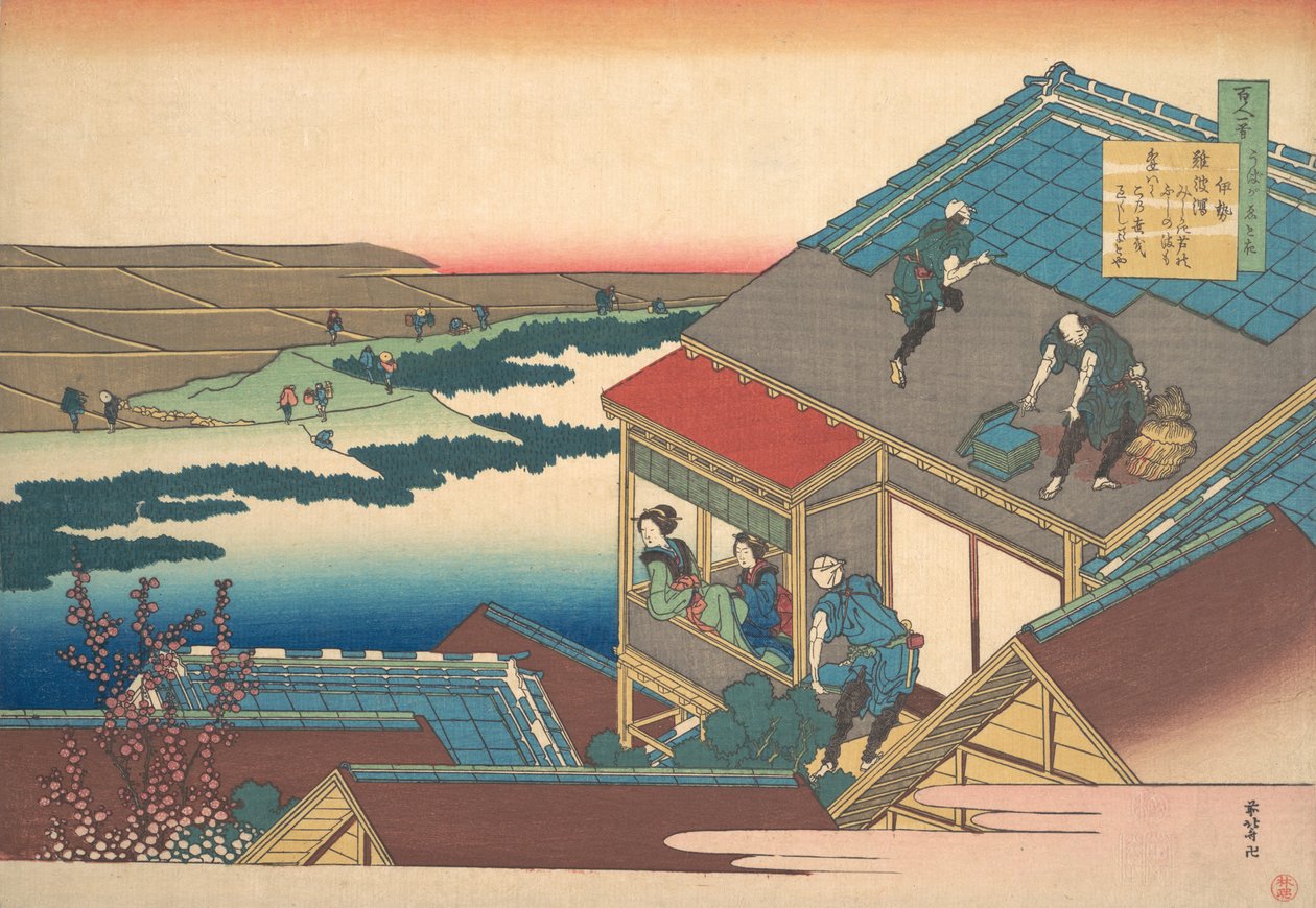 Poema de Ise, da série Cem Poemas Explicados pela Enfermeira Hyakunin isshu ..., ca. 1835. de Katsushika Hokusai