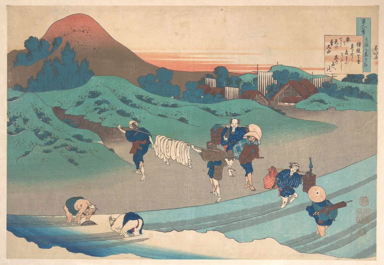 Poema da Imperatriz Jitō, da série «Cem Poemas Explicados pela Amamentadora» (Hyakunin isshu uba ga etoki) de Katsushika Hokusai