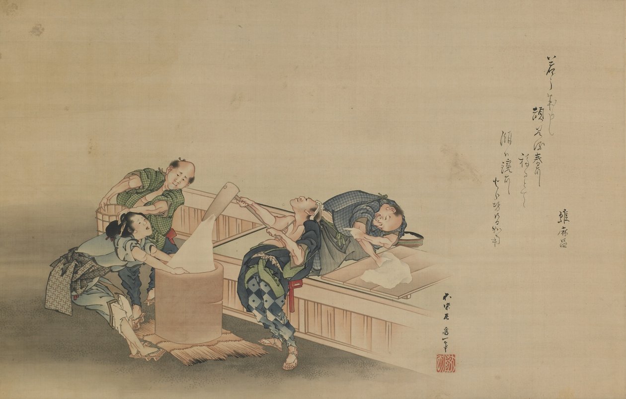 Pounding Rice para Mochi, inscrito por Momomoto Hinamaro, período Edo, c.1822 (tinta e cor em seda montada como pergaminho) de Katsushika Hokusai