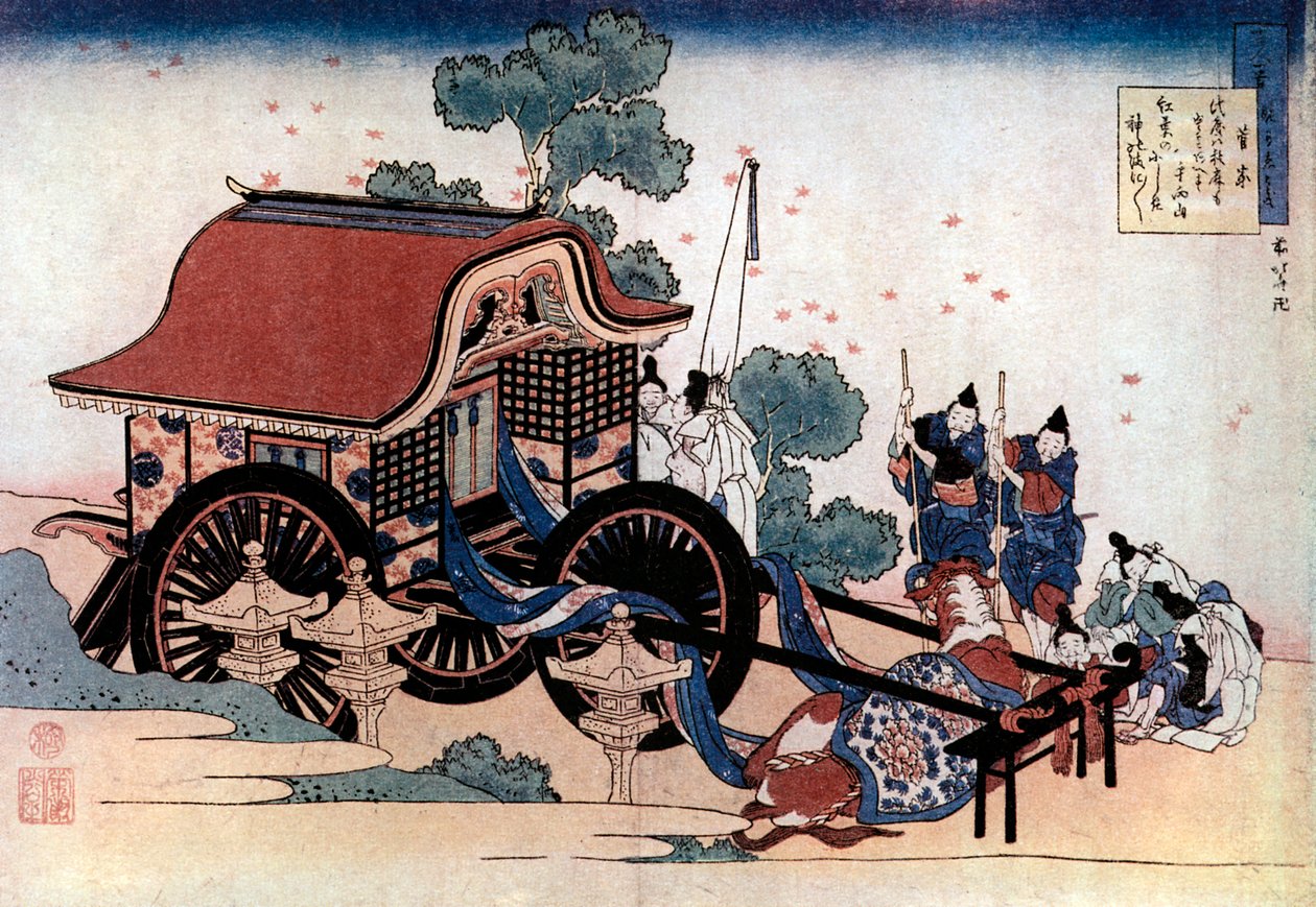 Puxando uma carruagem de três rodas, xilogravura japonesa, c1780-1849. de Katsushika Hokusai