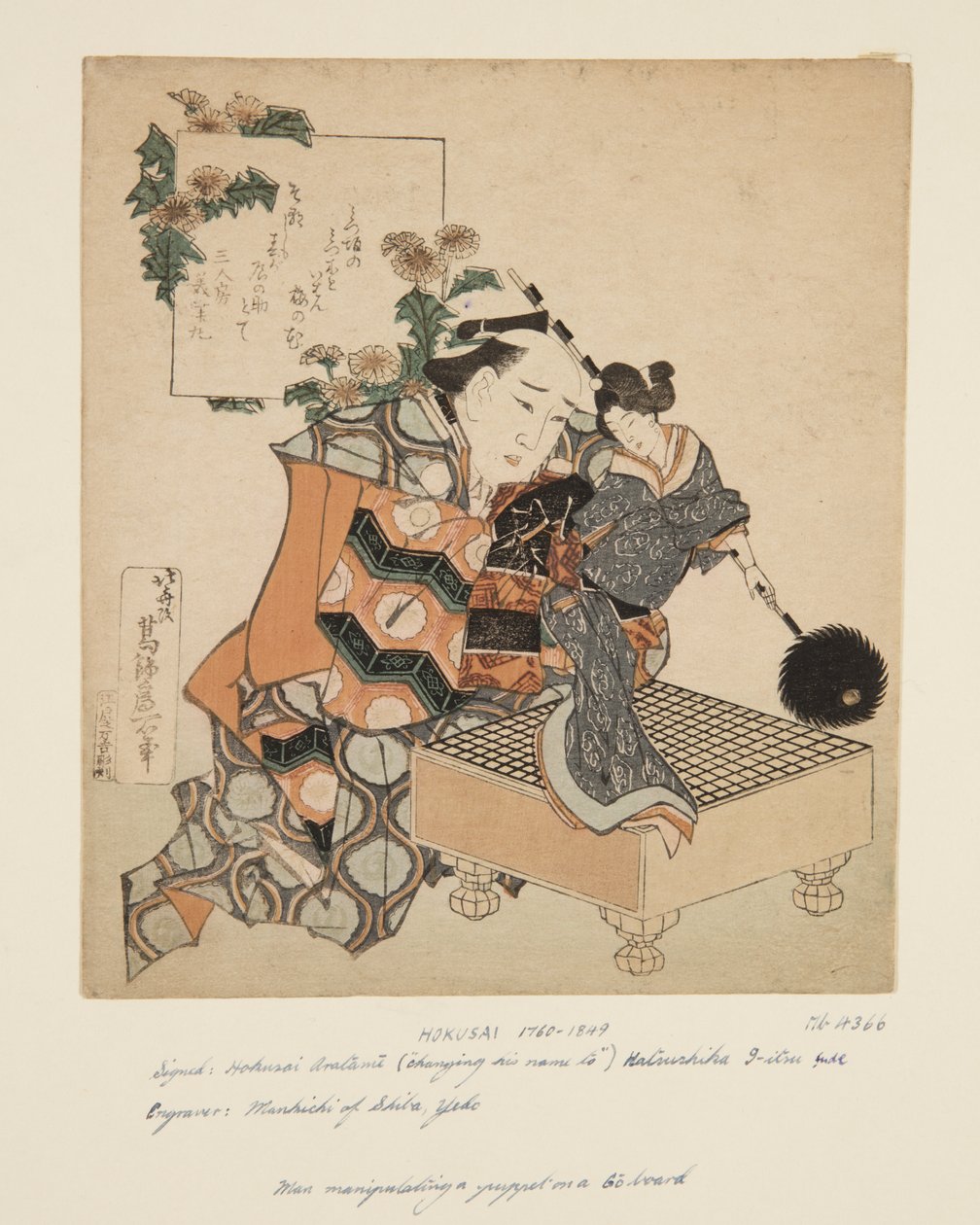 Marionetista segurando marionete na prancha Go (impressão em bloco de madeira colorida) de Katsushika Hokusai