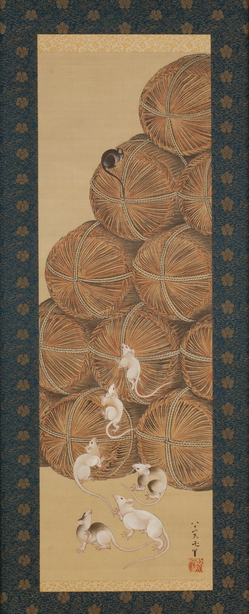 Ratos e Fardos de Arroz, período Edo, 1843 (tinta e cor sobre seda) de Katsushika Hokusai