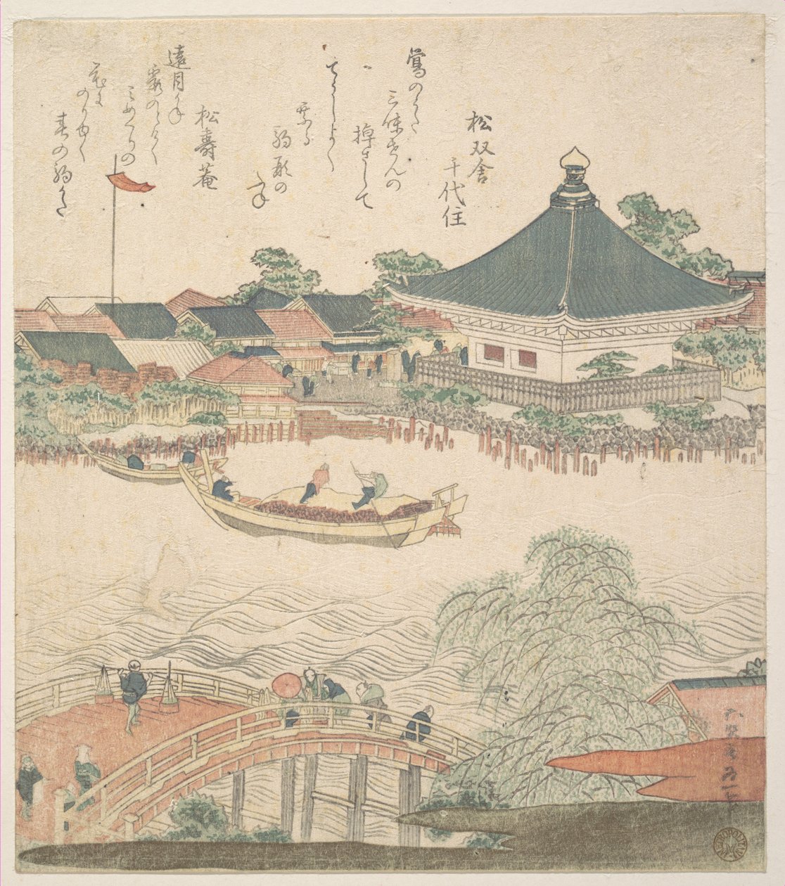 Cena fluvial com ponte em primeiro plano de Katsushika Hokusai