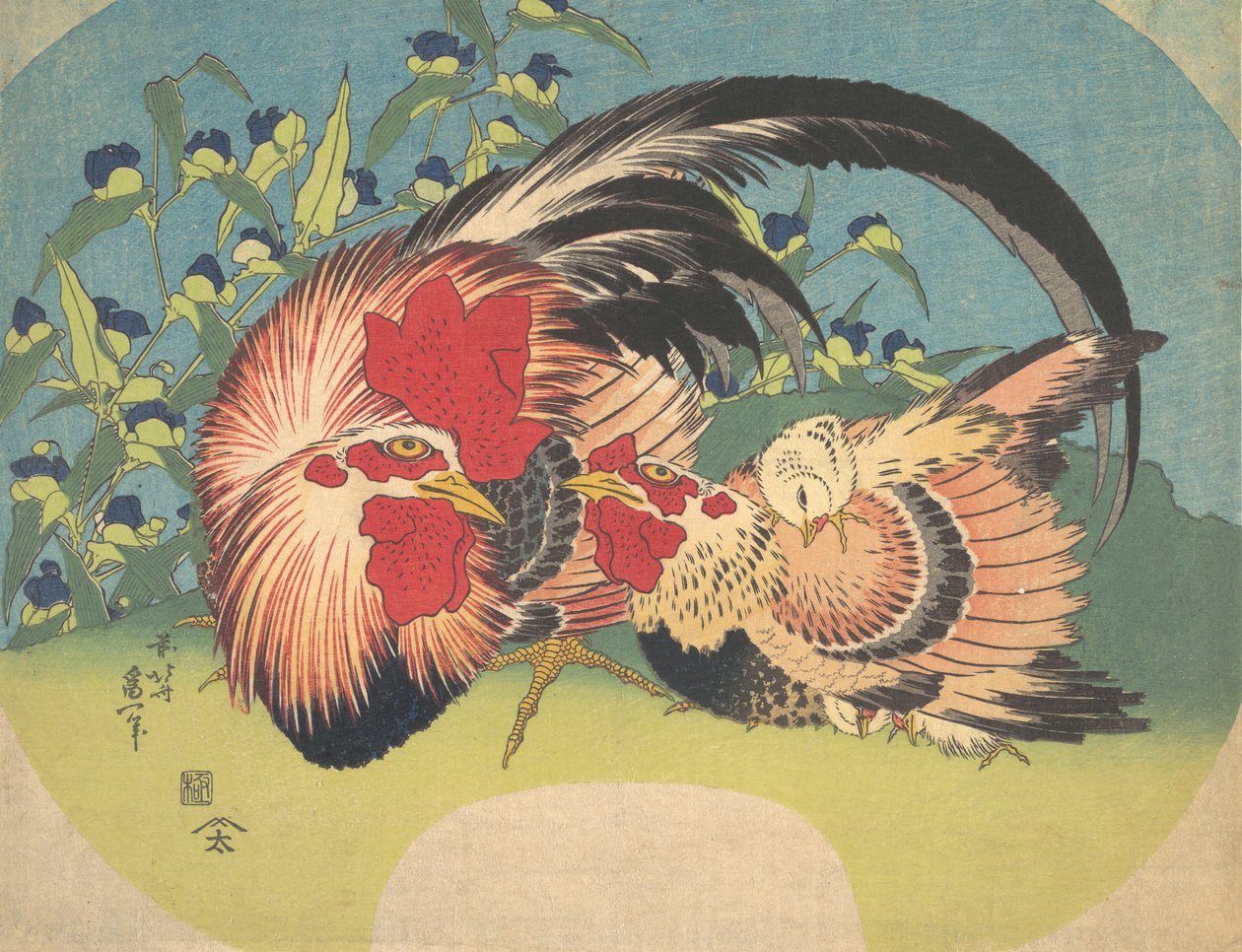 Galo, Galinha e Frango com Spiderwort, ca. 1830-33. de Katsushika Hokusai