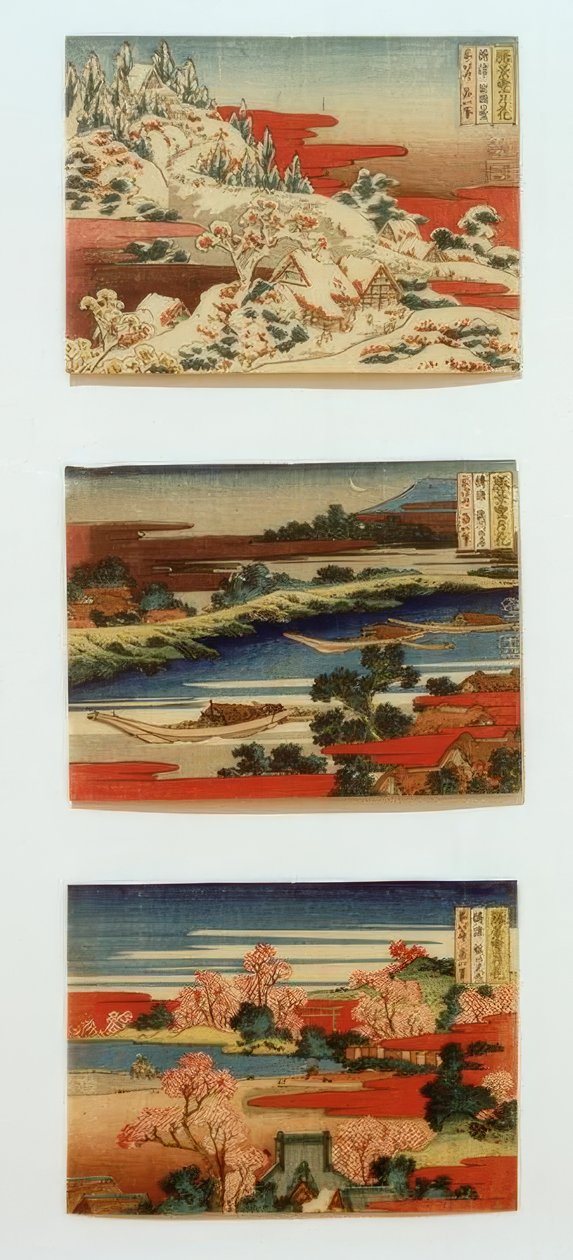 Neve, lua e flores em belas paisagens de Katsushika Hokusai