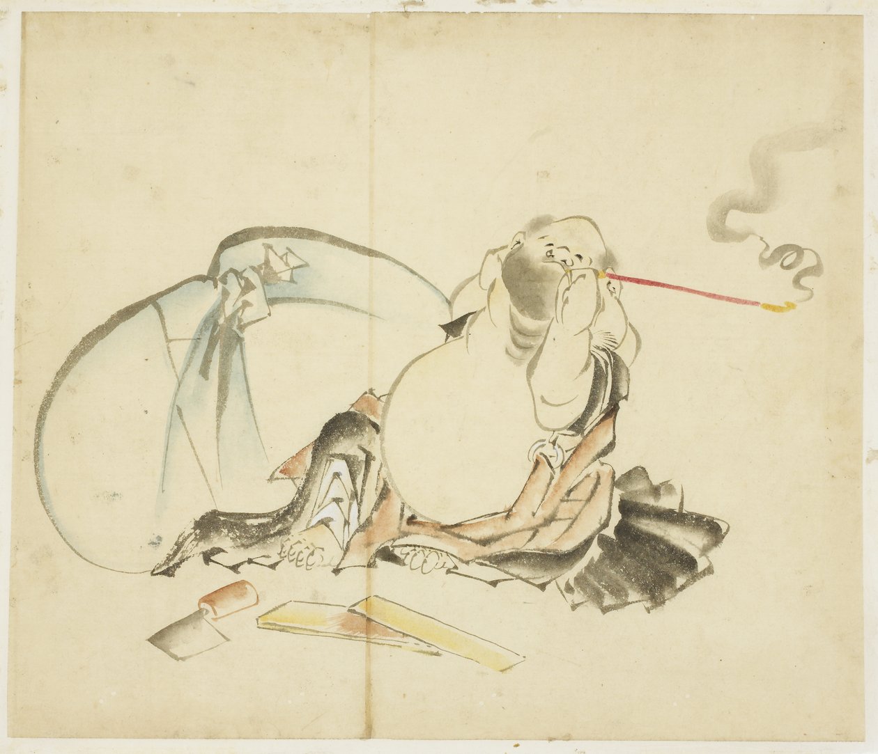Hotei sentado fumando um cachimbo, ca. 1815-1849 (tinta e cor no papel) de Katsushika Hokusai