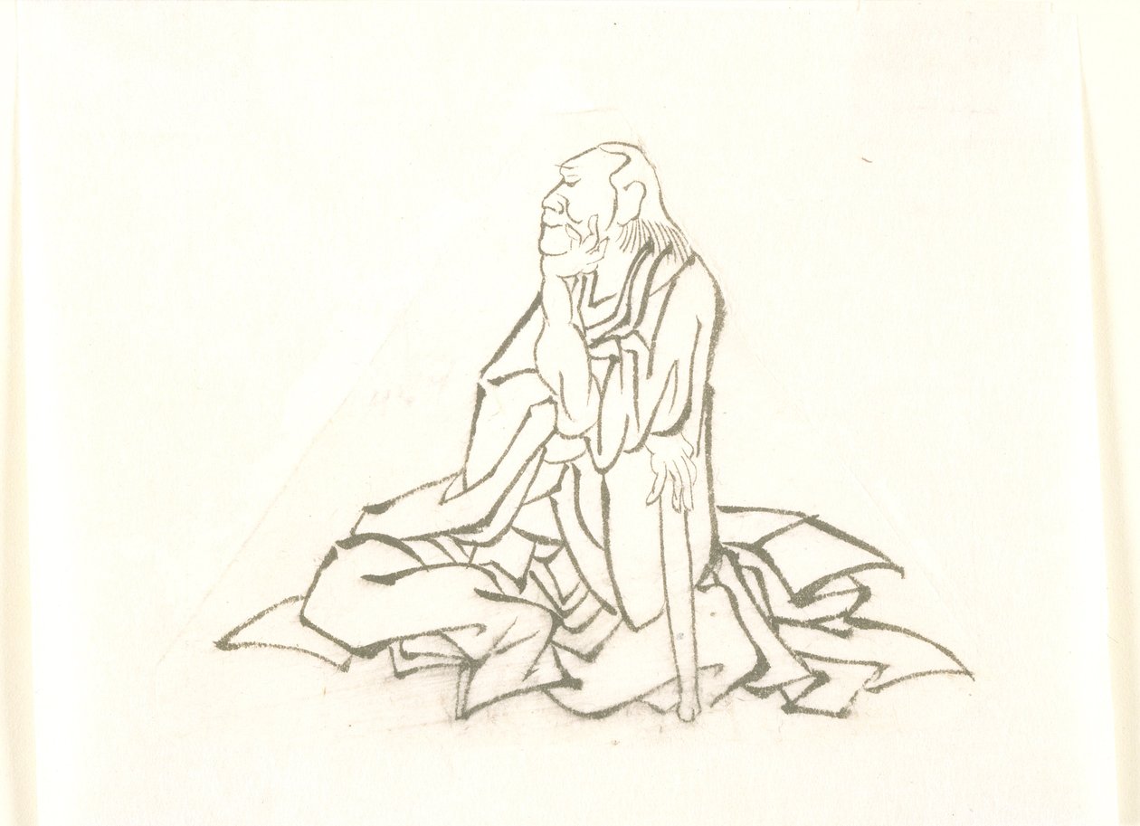 Ancião sentado, apoiado numa bengala de Katsushika Hokusai