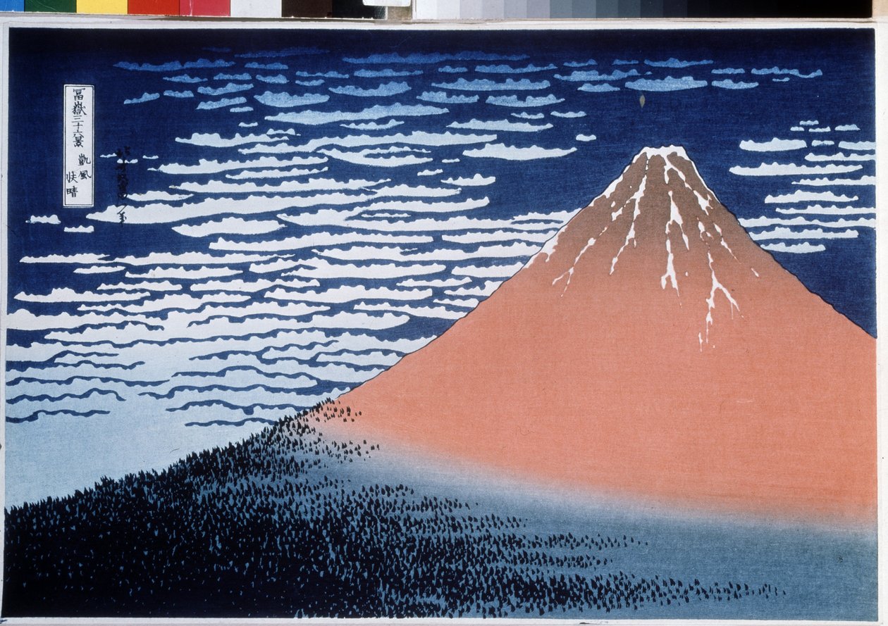 Série de 36 Vistas do Monte Fuji: Fuji em Tempo Limpo (também chamado Fuji Vermelho) (Fuji Vermelho, de uma Série 36 Vistas do Monte Fuji). Impresso por Katsushika Hokusai (1760-1849) de Katsushika Hokusai
