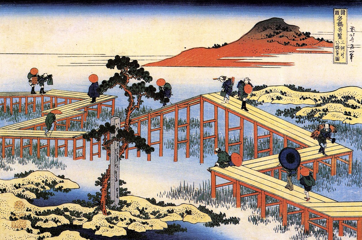 Série de vistas notáveis ​​de pontes de diferentes províncias: a ponte Yatsuhashi na província de Mikawa, Japão - Impressão de Katsushika Hokusai (1760-1849) (escola ukiyo-e) 1835 State Hermitage São Petersburgo Rússia de Katsushika Hokusai