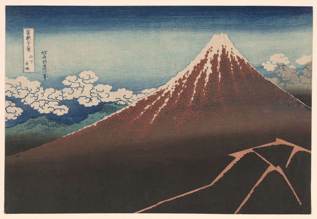 Chuveiro Abaixo do Cume (Sanka hakuu), da série "Trinta e Seis Vistas do Monte Fuji (Fugaku sanjurokkei)" de Katsushika Hokusai