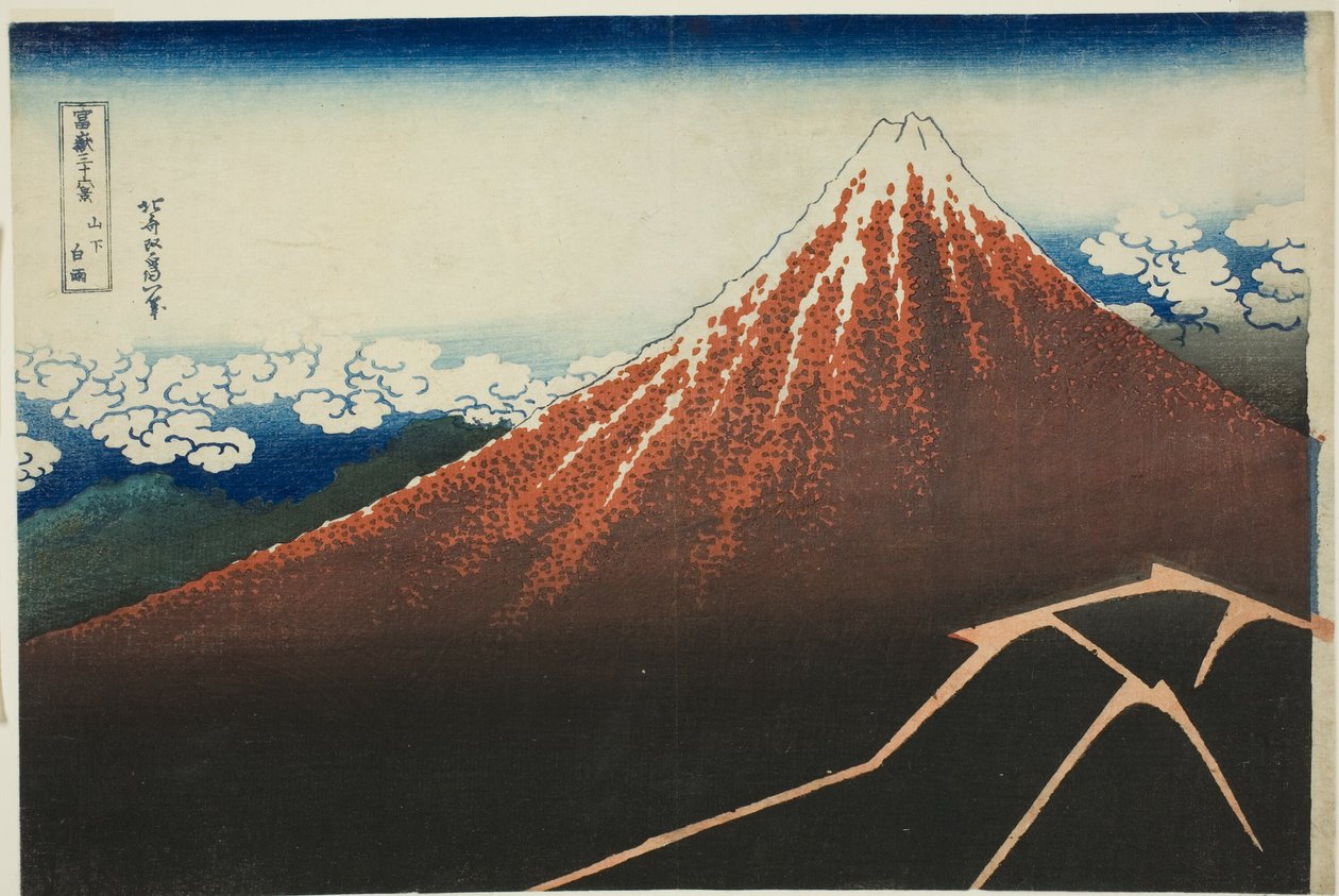 Chuveiro Abaixo do Cume (Sanka hakuu), da série "Trinta e Seis Vistas do Monte Fuji (Fugaku sanjurokkei)" de Katsushika Hokusai