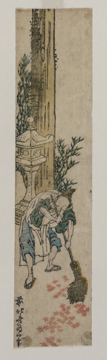 Atendente do Santuário ajuntando folhas de bordo de Katsushika Hokusai