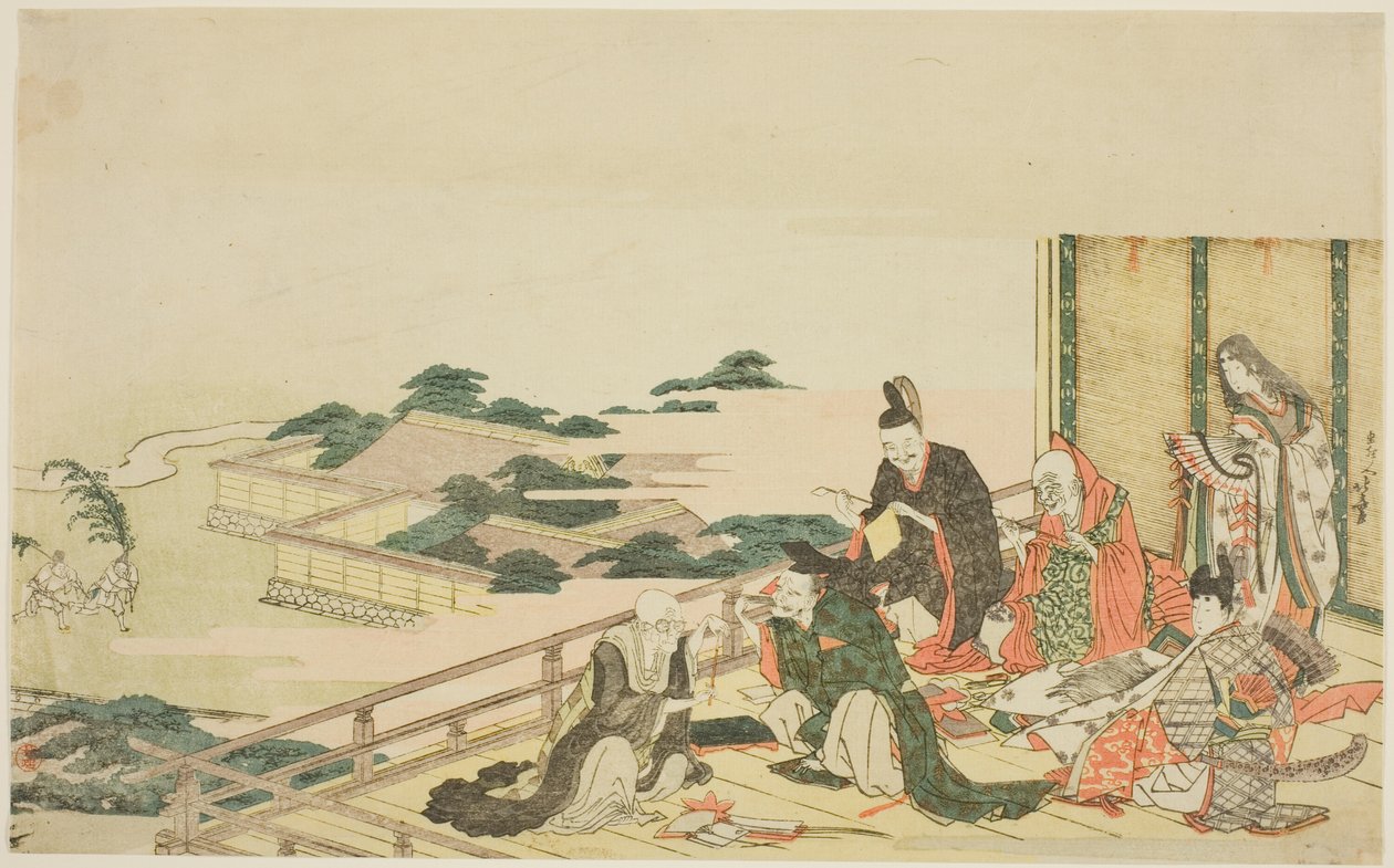 Seis poetas imortais se preparando para o festival Tanabata de Katsushika Hokusai