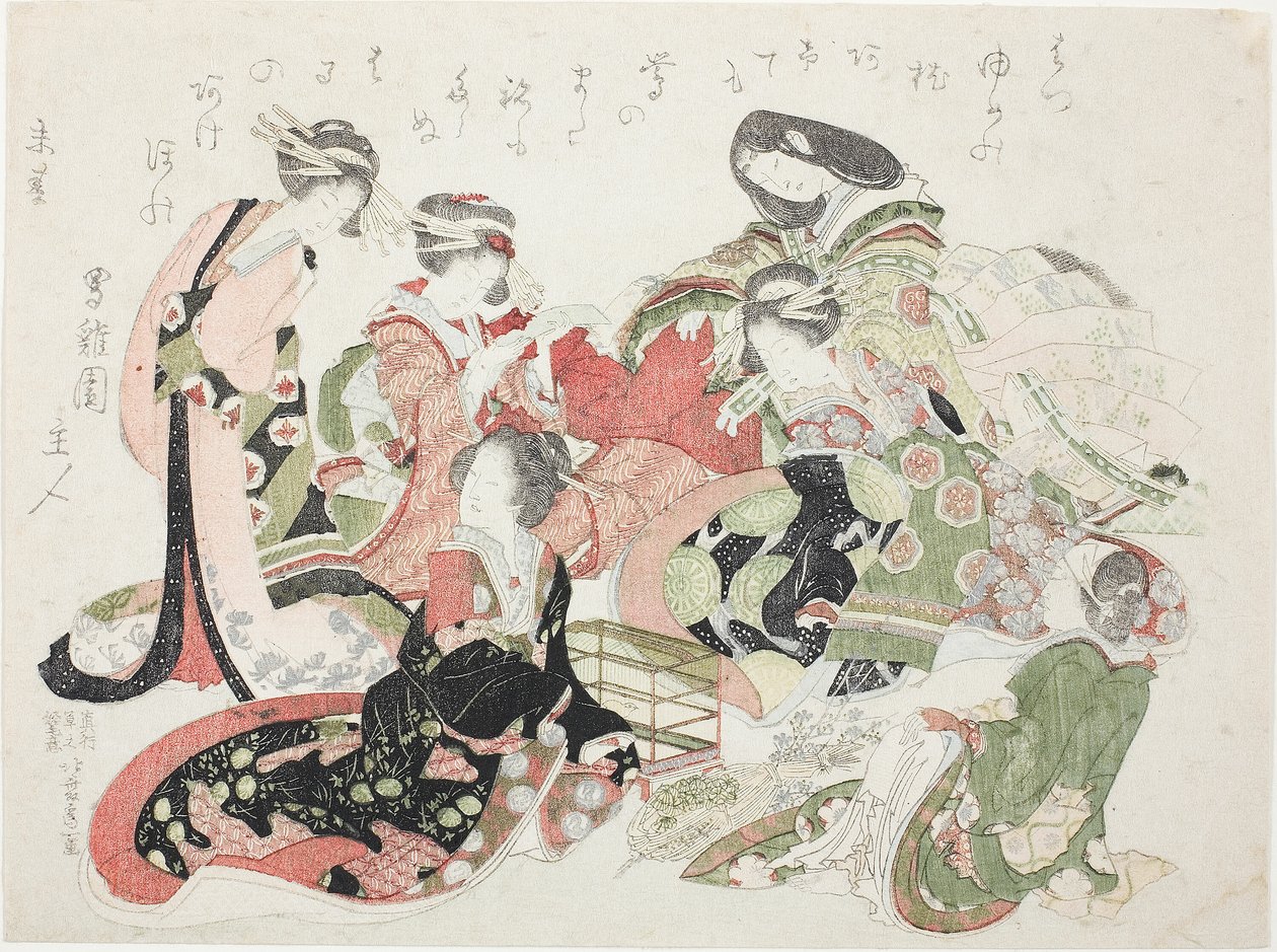 Seis mulheres sentadas ao redor de uma gaiola de pássaros de Katsushika Hokusai