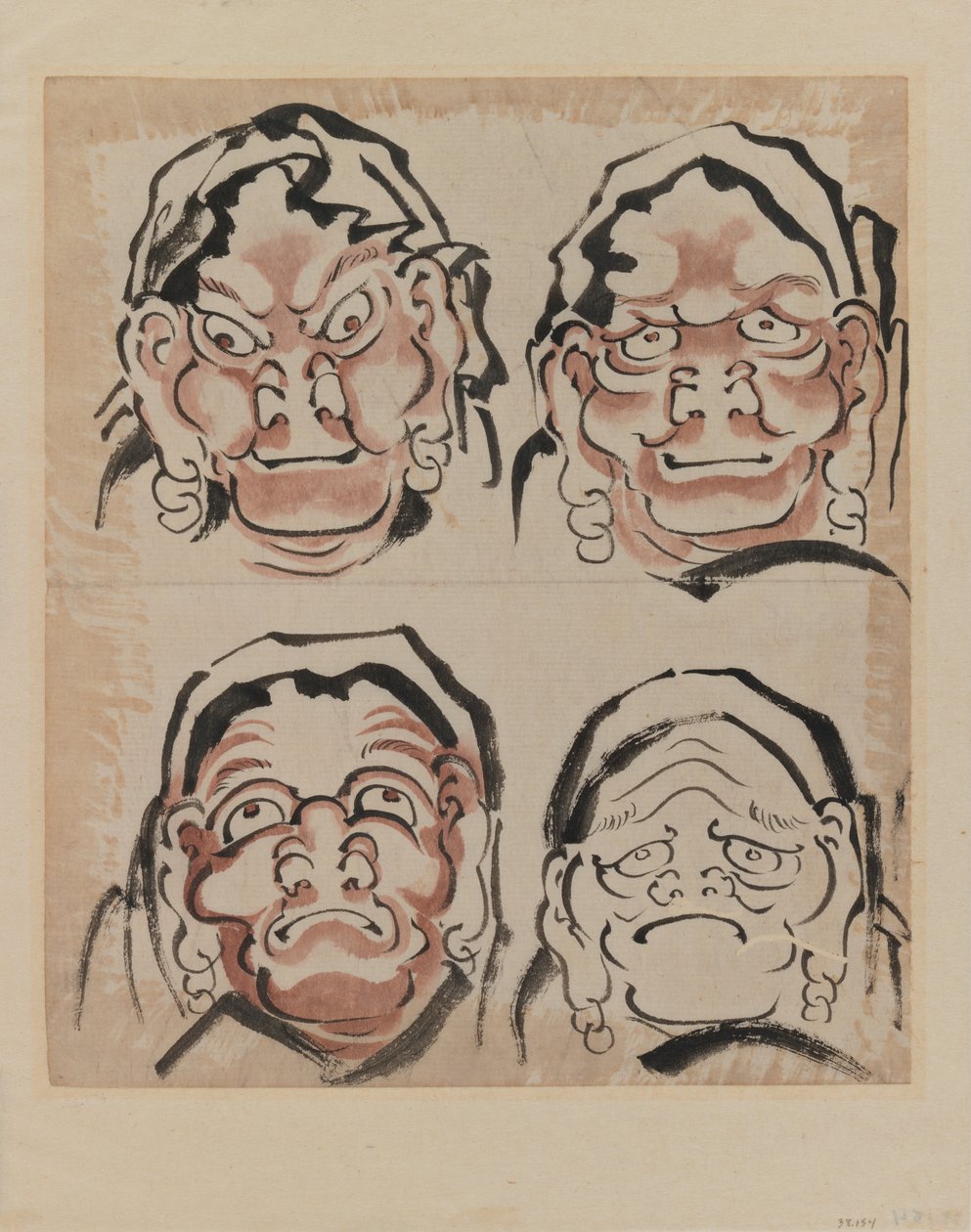 Esboço de quatro faces (tinta no papel) de Katsushika Hokusai